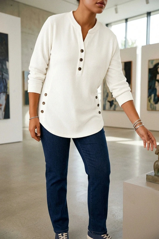 Plus Size, Plus-size Women's Spring/autumn Vertical Rib-textured Base Layer Top, Featuring a Loose Semi-open Neckline with Side-button Placket, Mid-length Curved Hem, European/American Style Long-sleeve Top That Covers the Hips and Slims the Figure. — variant_front