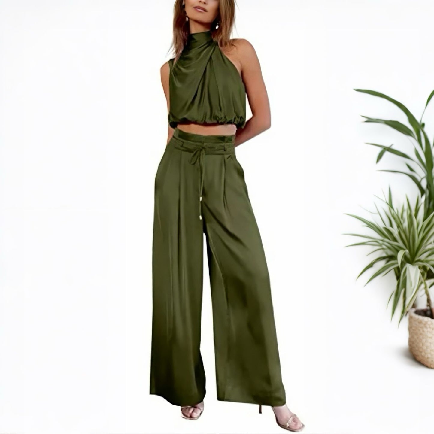 Ensemble Azure 2 pièces – Crop-top sans manches et pantalon large