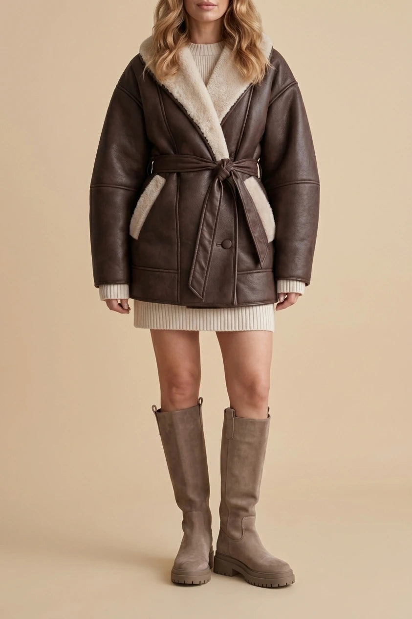 Oversized Leather Coat with Sherpa Lining and Tie Belt — variant_front
