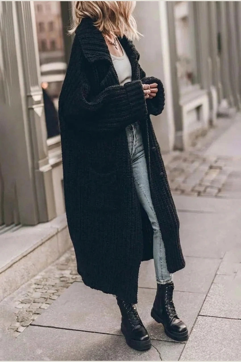 Phoebe | Women's Oversized Chunky Knit Lapel Longline Cardigan — variant_front