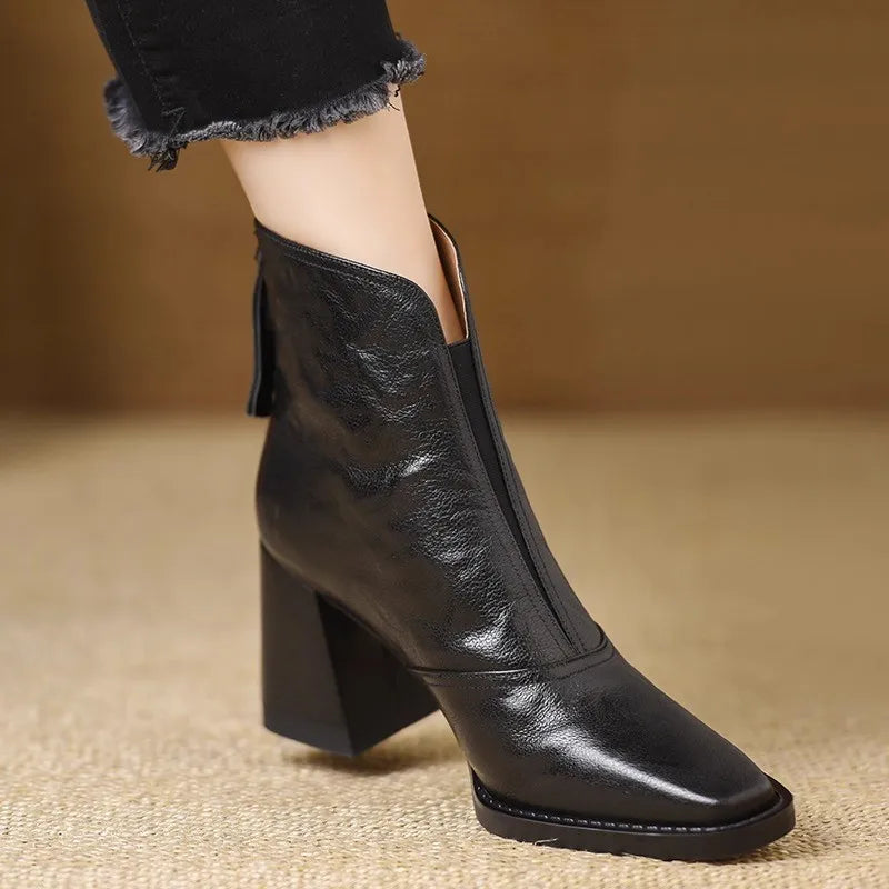 Heeled Leather Ankle Boots with Block Heel and V-Cut Front — variant_front