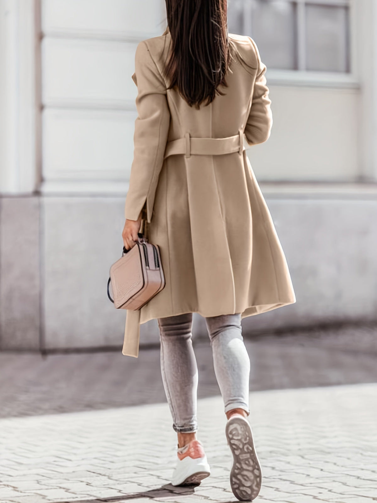 Belted Wool Coat with Wide Collar and Fitted Waist, Women's — variant_front