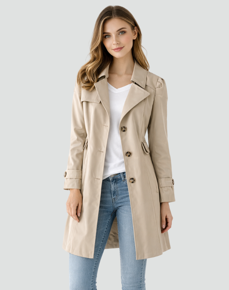 Fitted Trench Coat with Gold Buttons and Buttoned Cuffs — variant_front