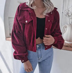 Retro Cropped Corduroy Jacket with Elasticated Hem and Chest Pockets — variant_front