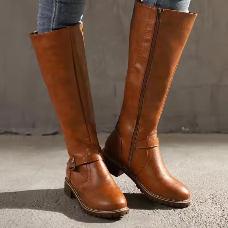 Classic Leather Knee High Boots with Buckle Strap and Block Heel — variant_front