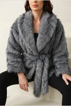 Women's Faux Fur Jacket with Shawl Collar and Tie Belt — variant_front