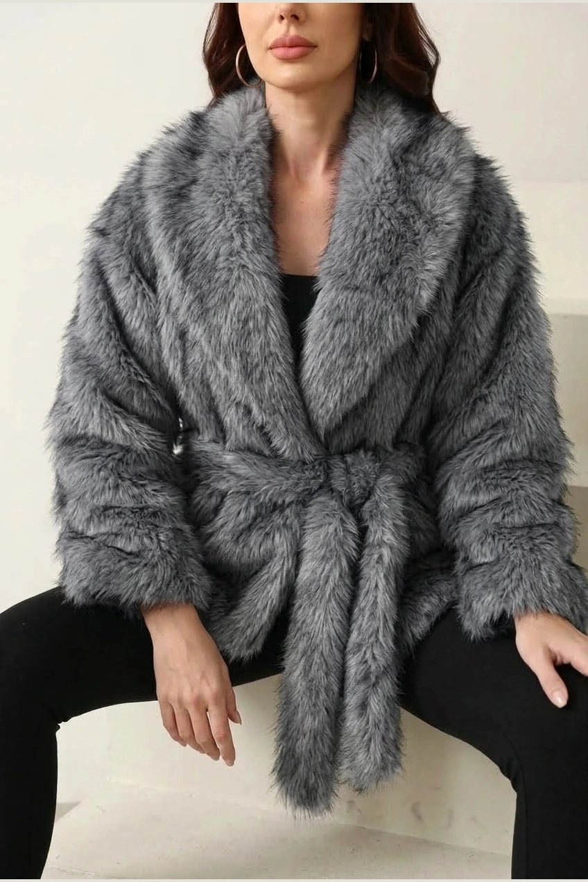 Women's Faux Fur Jacket with Shawl Collar and Tie Belt — variant_front