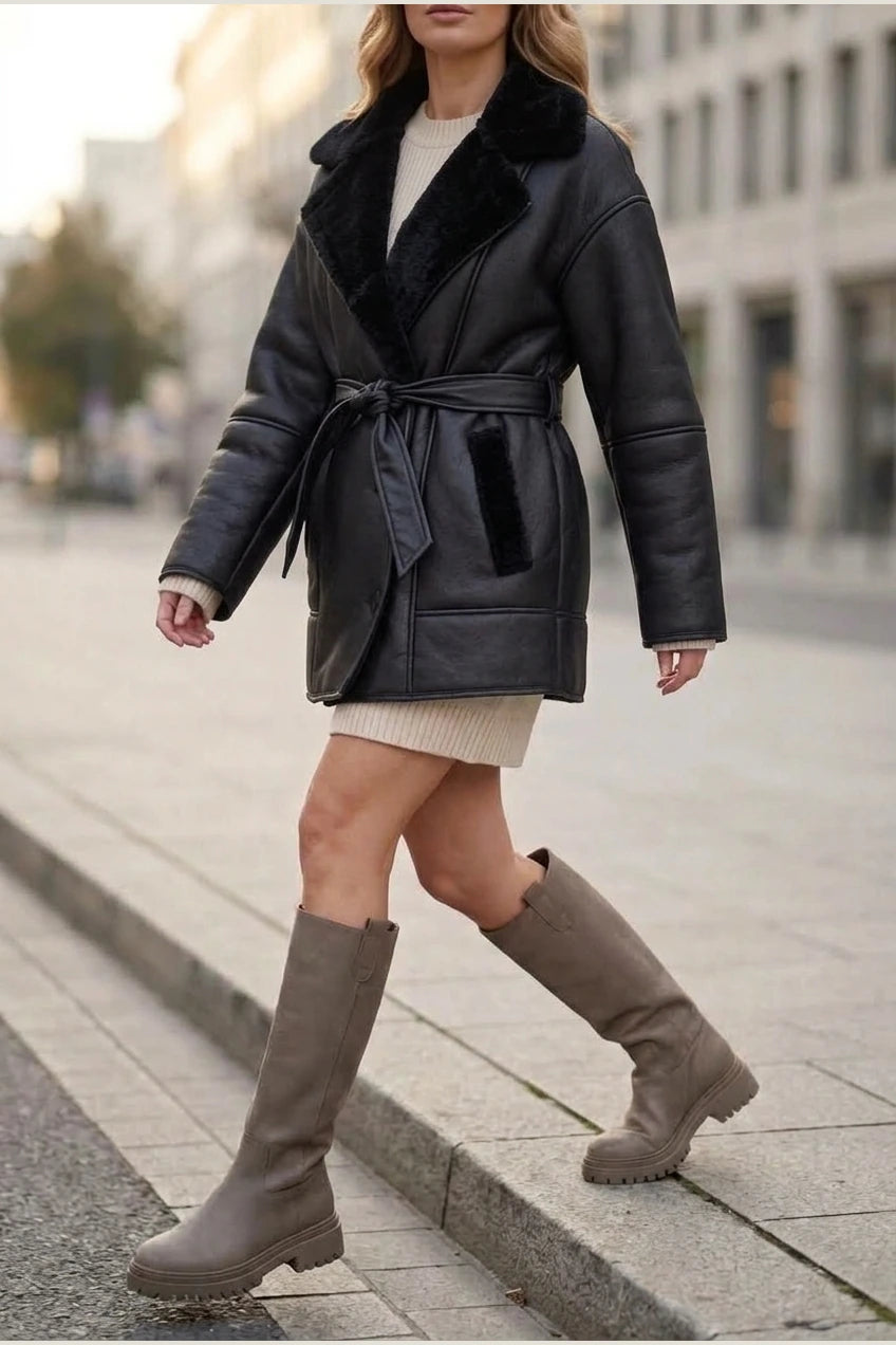 Oversized Leather Coat with Sherpa Lining and Tie Belt — variant_front