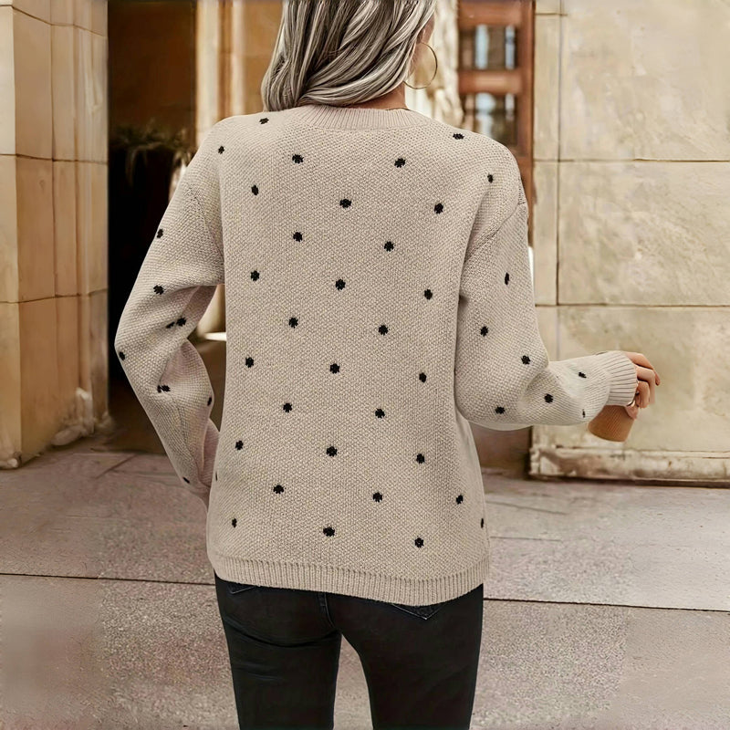 Polka Dot Knit Sweater with Crew Neck and Ribbed Cuffs — variant_front