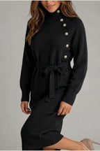 Women’s Cotton Knitted Midi Dress – Roll Neck Belted Jumper Dress — variant_front