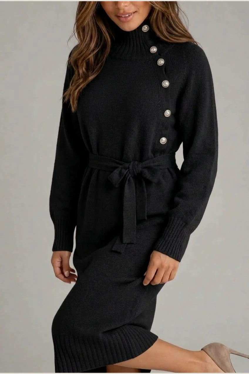 Women’s Cotton Knitted Midi Dress – Roll Neck Belted Jumper Dress — variant_front
