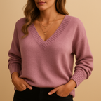 Soft Knit Sweater with Ribbed V-Neckline and Ribbed Cuffs — variant_front
