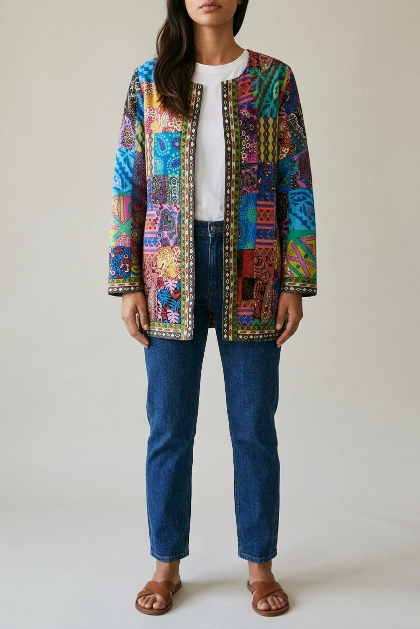 Women's Printed Open-Front Jacket with Long Sleeves — variant_front
