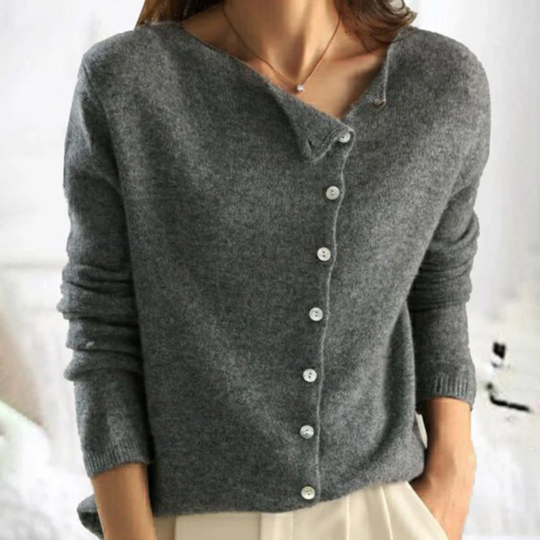 Soft Knit Cardigan with Asymmetric Button Front and Scoop Neckline — variant_front
