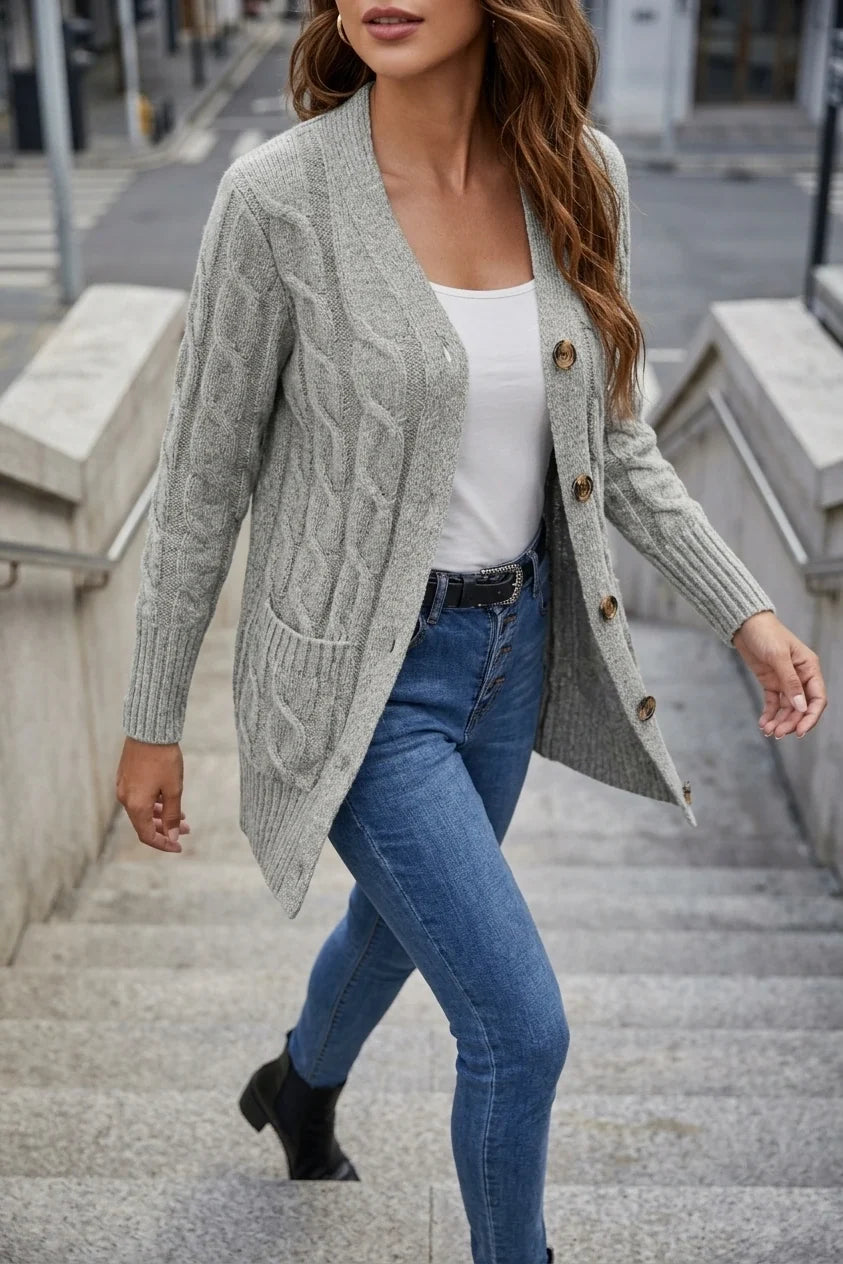 Solid Long Sleeve Cable Cardigan Women'S — variant_front