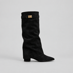 Women’s Knee High Boots with Low Block Heel & Gold Buckle Detail — variant_front