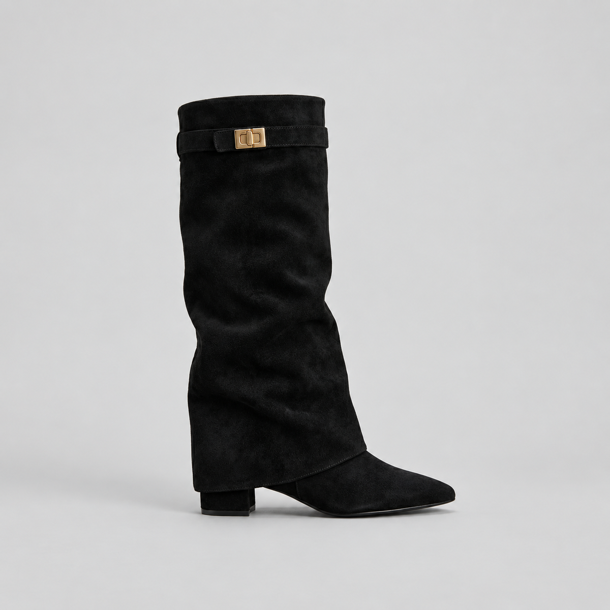 Women’s Knee High Boots with Low Block Heel & Gold Buckle Detail — variant_front