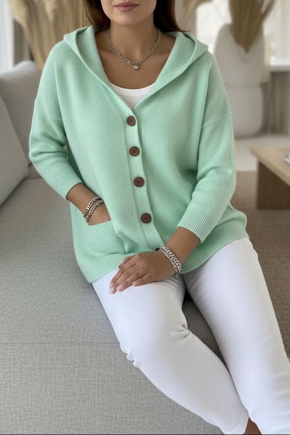 Relaxed Hooded Cardigan with Button Front and Ribbed Cuffs — variant_front