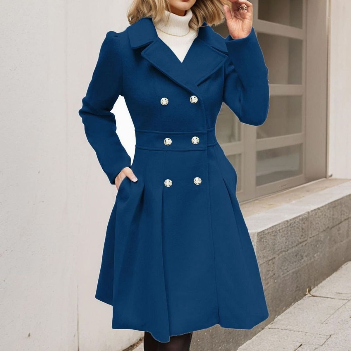 Double Breasted Wool Coat with Pleated Flared Skirt and Gold Buttons — variant_front