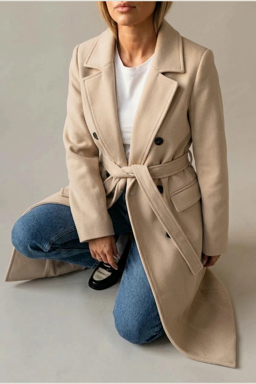 Women's Long Coat Wool Blend Belted Structured Tailored Fit Office — variant_front