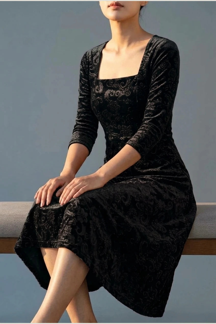 Scarlett | Women's Square Neck Velvet Floral Embossed Party Dress — variant_front
