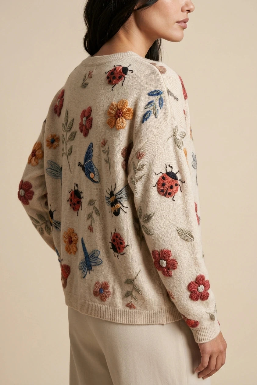 Women's Embroidered Floral Knit Sweater Loose Fit Crew Neck — variant_front