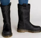 Fleece-Lined Pull-On Leather Mid-Calf Boots with Contrast Stitching — variant_front