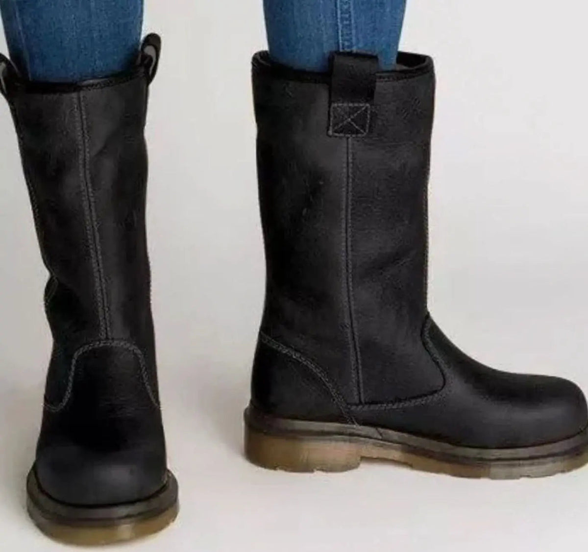 Fleece-Lined Pull-On Leather Mid-Calf Boots with Contrast Stitching — variant_front
