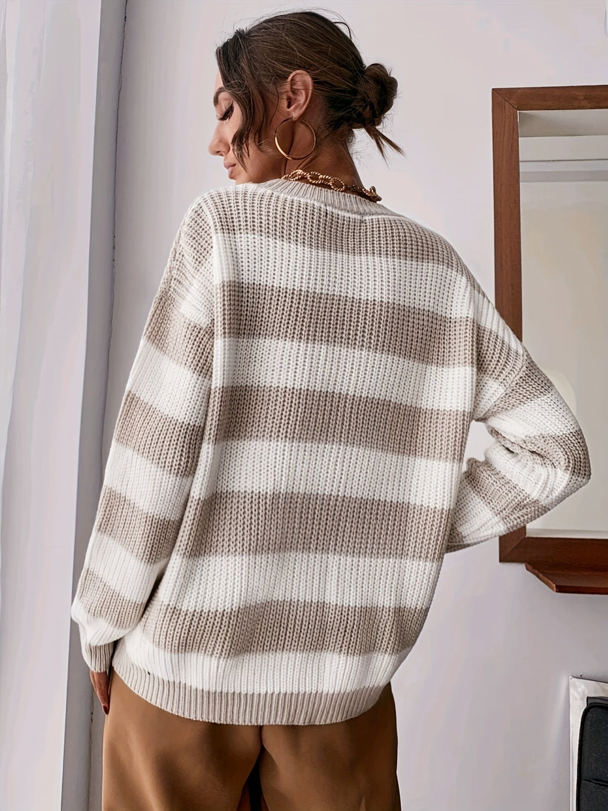 Striped Chunky Knit Sweater with Round Neck and Dropped Shoulders — variant_front