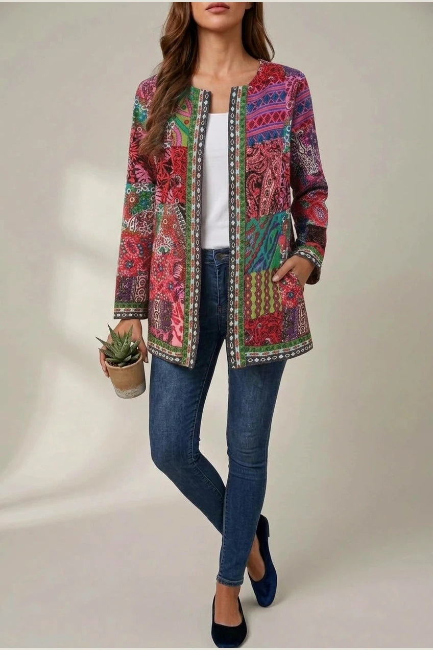 Women's Printed Open-Front Jacket with Long Sleeves — variant_front