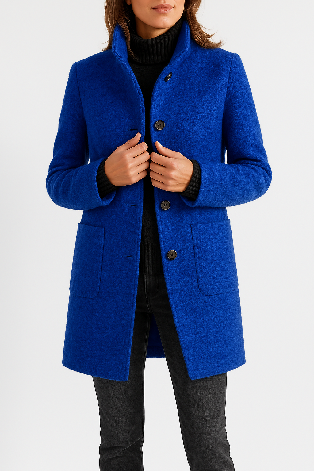 Tailored Wool Coat with High Neck and Patch Pockets — variant_front