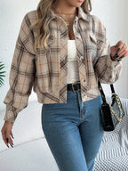 Cropped Plaid Shacket with Button Front and Chest Pockets — variant_front