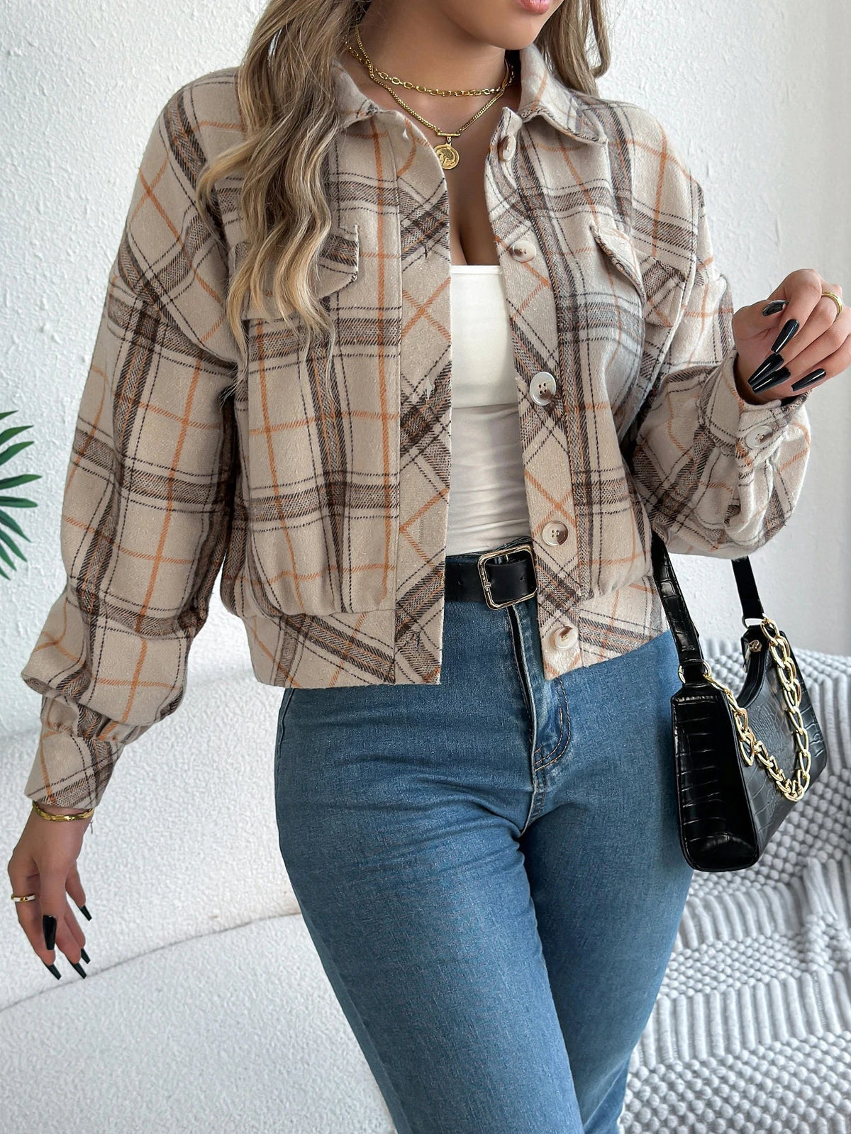 Cropped Plaid Shacket with Button Front and Chest Pockets — variant_front