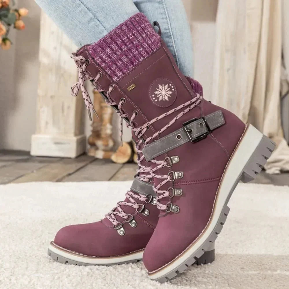 Insulated Lace Up Winter Boots with Knit Cuff and Buckle Detail — variant_front