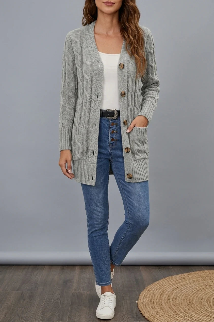 Solid Long Sleeve Cable Cardigan Women'S — variant_front