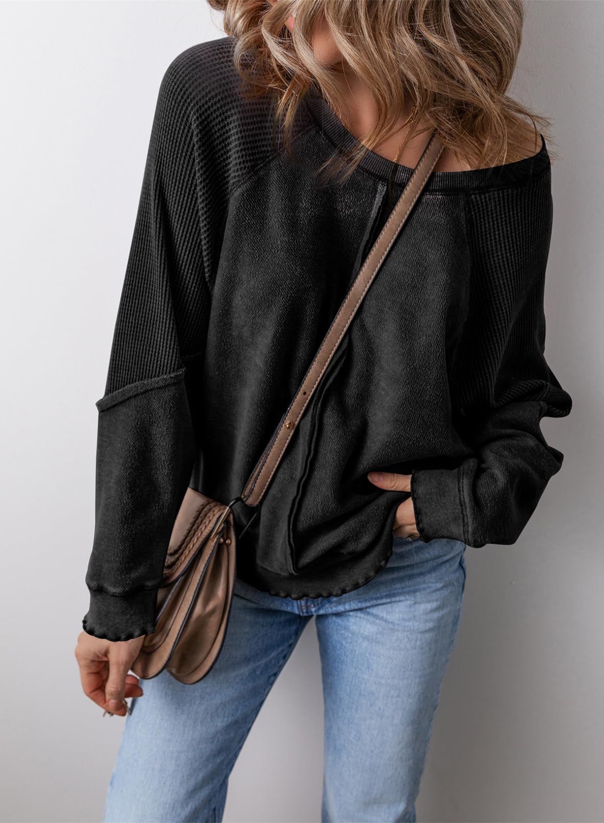 Relaxed Waffle Knit Sweatshirt with Lettuce Hem and Front Pocket — variant_front