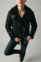 Amelia | Women's Shearling-Lined Belted Suede Moto Jacket — variant_front