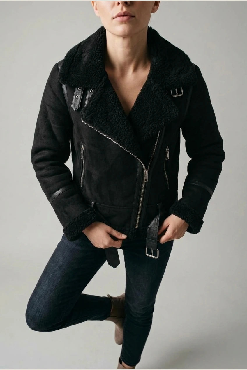 Amelia | Women's Shearling-Lined Belted Suede Moto Jacket — variant_front
