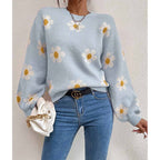 Floral Knit Sweater with Daisy Print and Puff Sleeves — variant_front
