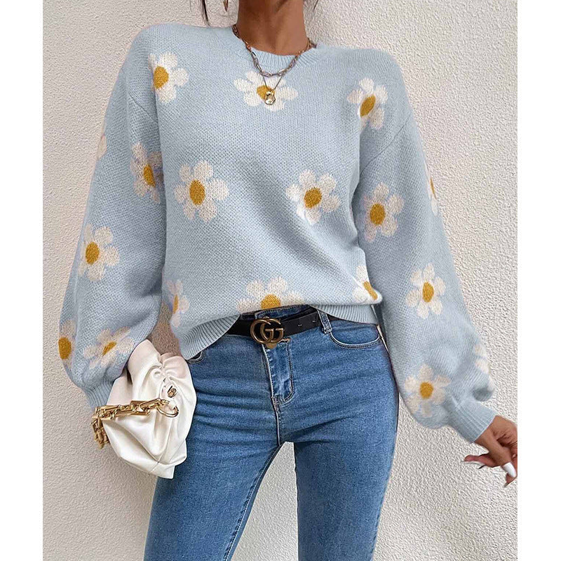 Floral Knit Sweater with Daisy Print and Puff Sleeves — variant_front