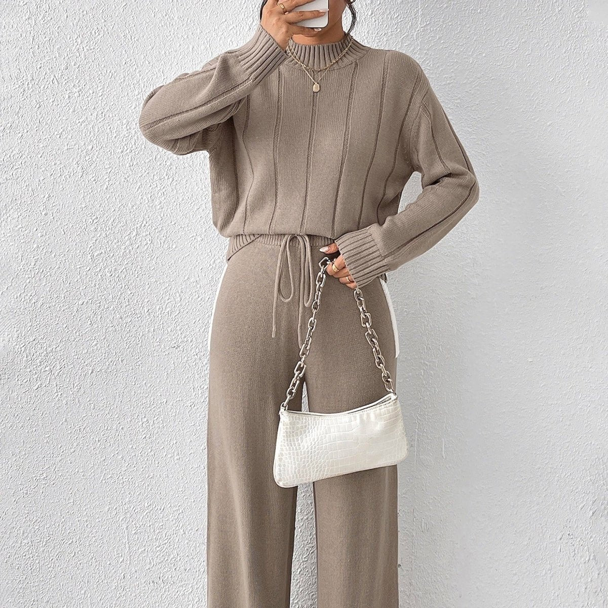 Knit Two Piece Set with Mock Neck Sweater and Wide Leg Trousers — variant_front
