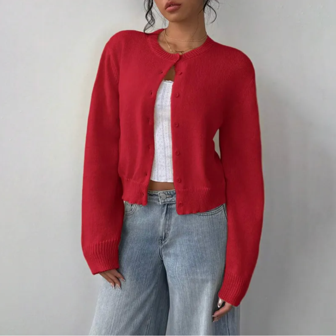 Soft Cropped Knit Cardigan with Round Neck — variant_front