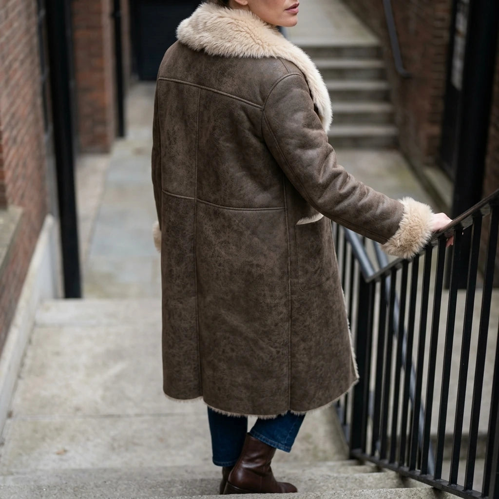 Women's Reversible Faux Shearling Coat with Textured Design – Genevieve — variant_front