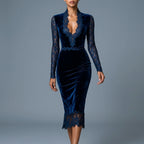 Velvet Slim Fit Midi Dress with V-Neck and Long Lace Sleeves for Women — variant_front