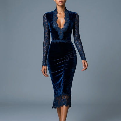 Velvet Slim Fit Midi Dress with V-Neck and Long Lace Sleeves for Women — variant_front