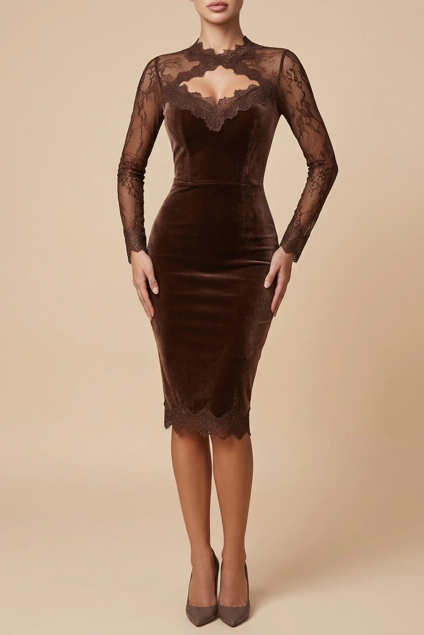 Velvet Midi Dress with Lace Inserts for Women — variant_front