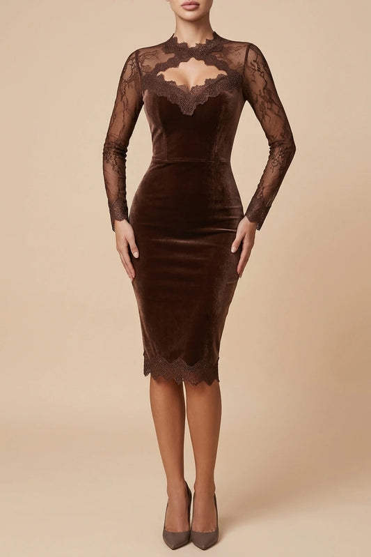 Velvet Midi Dress with Lace Inserts for Women — variant_front