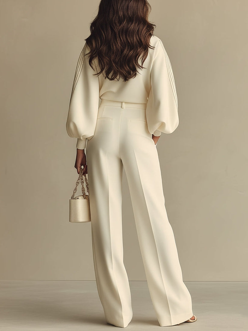 Ivory Knit Two Piece Set with Puff Sleeves and Wide Leg Trousers — variant_front