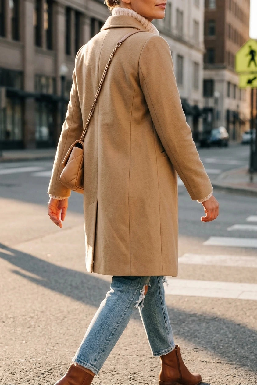 Women's Notch Lapel Longline Coat with Side Pockets — variant_front