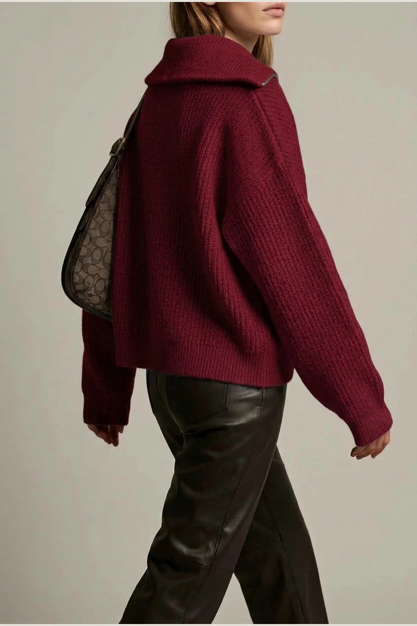 Oversized Half Zip Knit Sweater with Wide Collar — variant_front